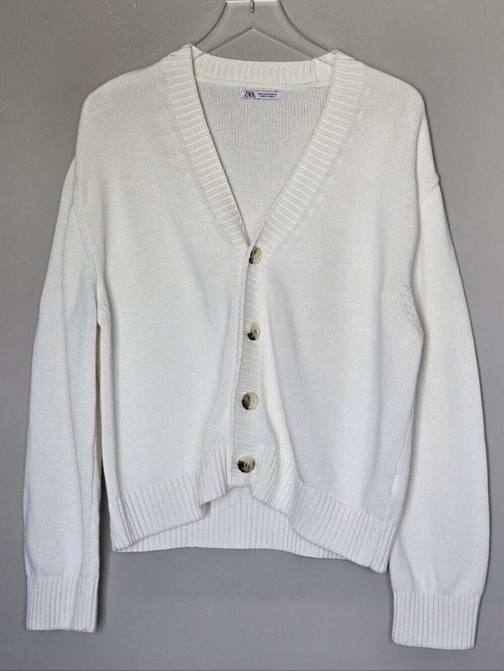 Zara Men's Cotton Cream V-Neck Button Long Sleeve Cardigan Sweater Size M - Picture 10 of 10